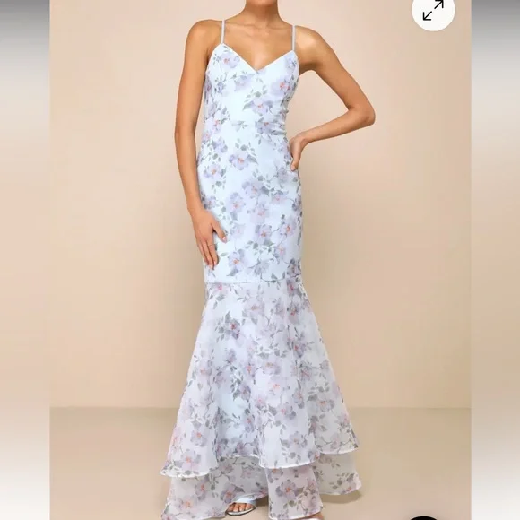 Pure Splendor Light Blue Floral Organza Trumpet
Maxi Dress - Picture 2 of 8